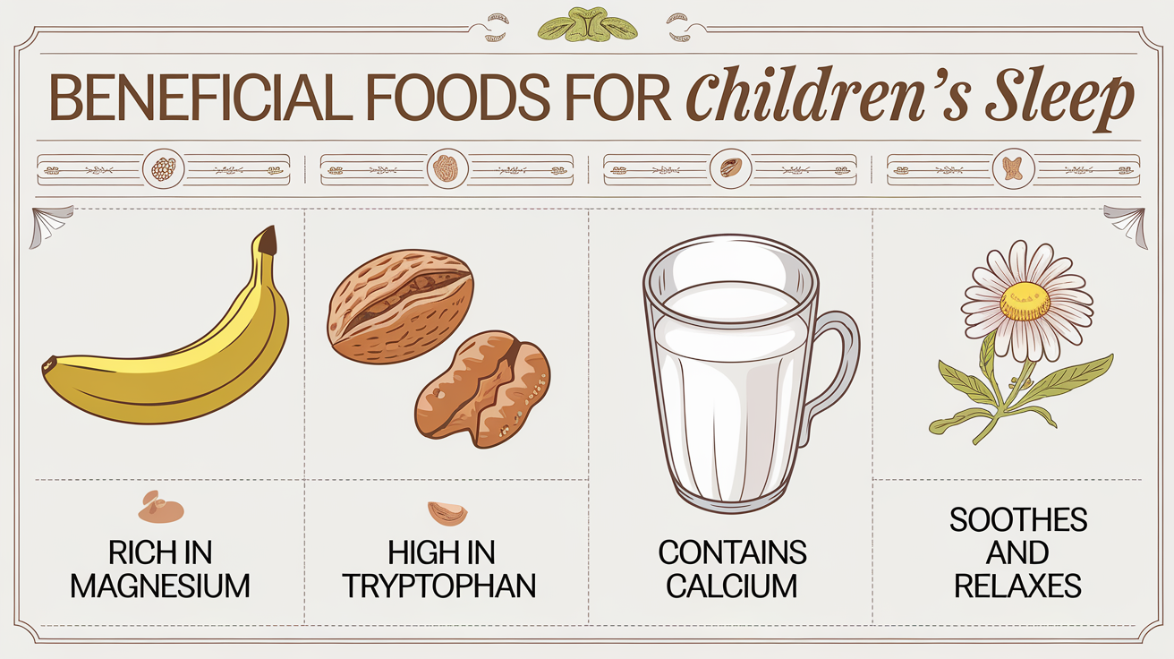 Tableau illustrant les aliments bénéfiques pour le sommeil des enfants et leurs bienfaits spécifiques.
