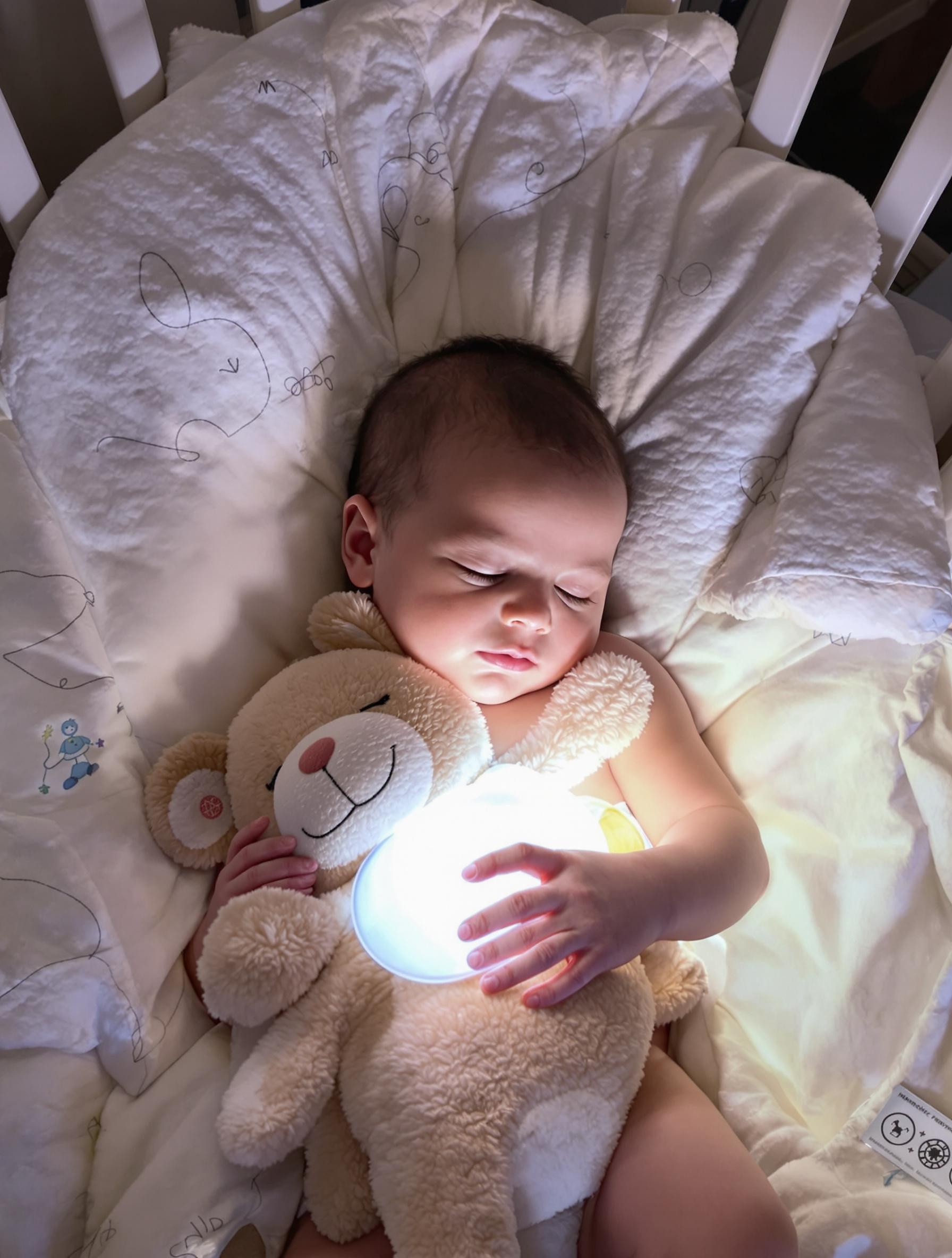 Un bébé endormi paisiblement avec son doudou apaisant.