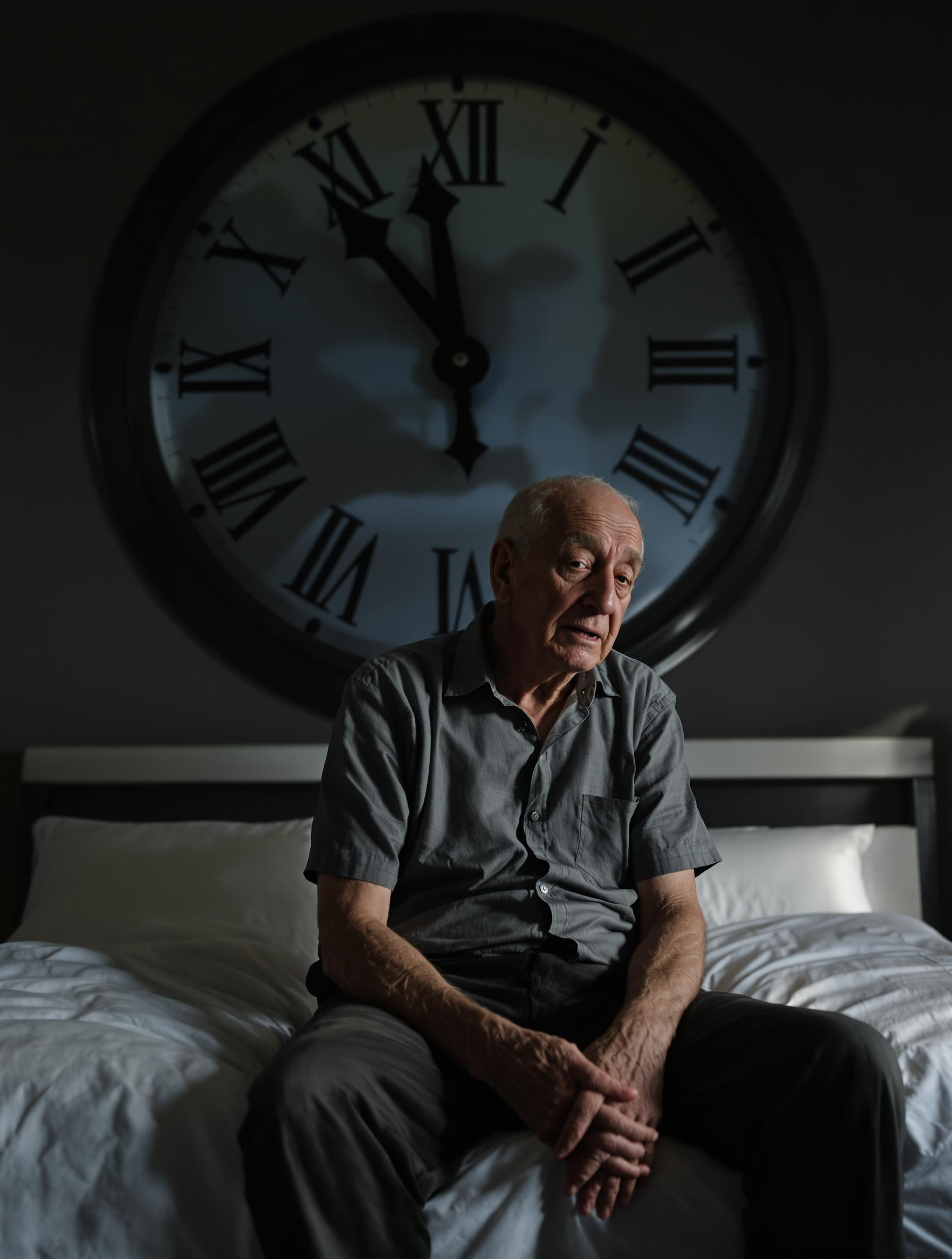Personne âgée assise sur un lit, visiblement préoccupée.