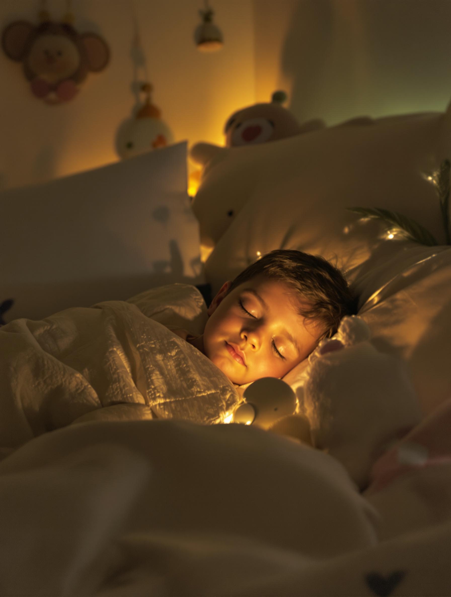 Un enfant dans un lit avec une veilleuse allumée.