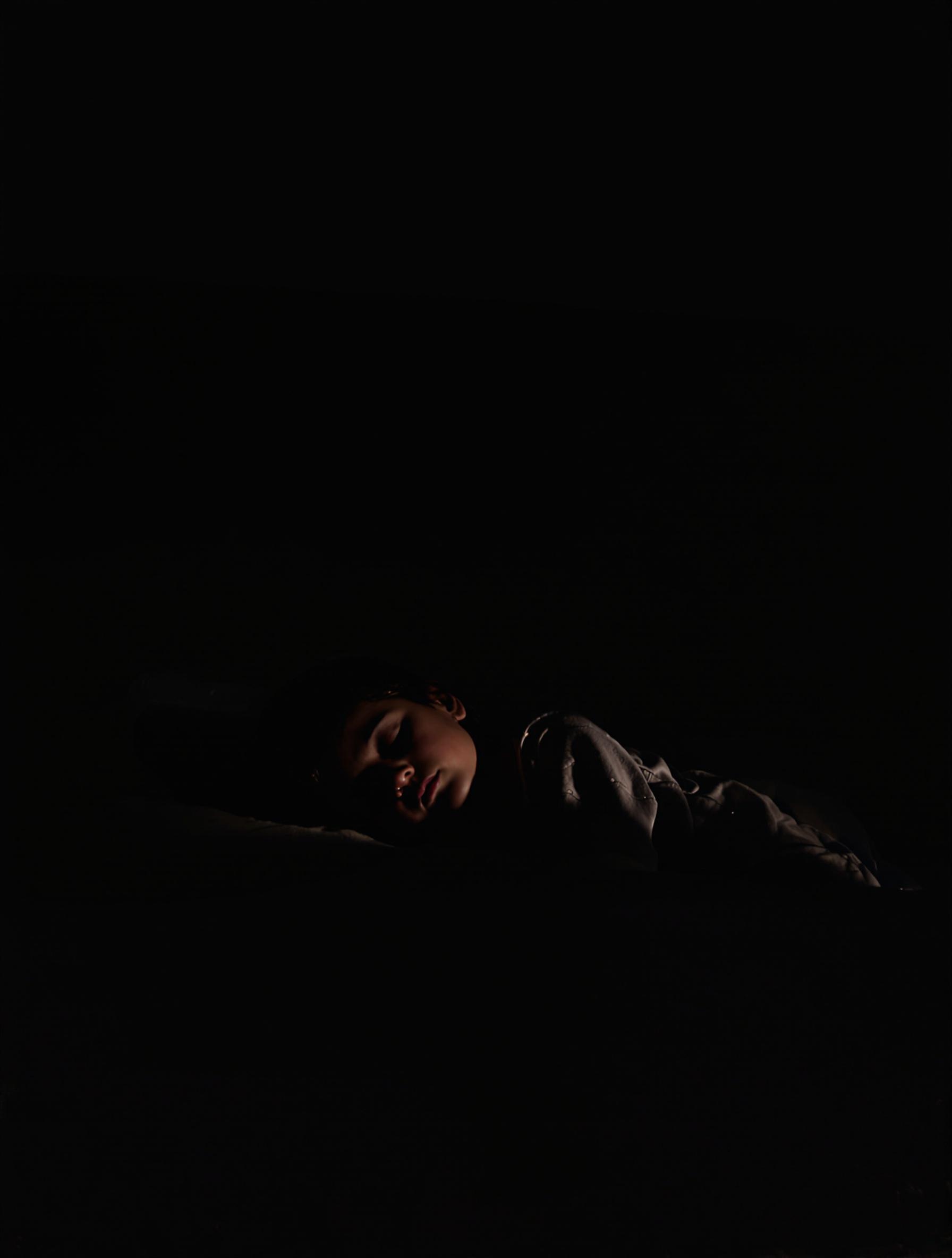 Un enfant endormi paisiblement dans une chambre sombre et calme.