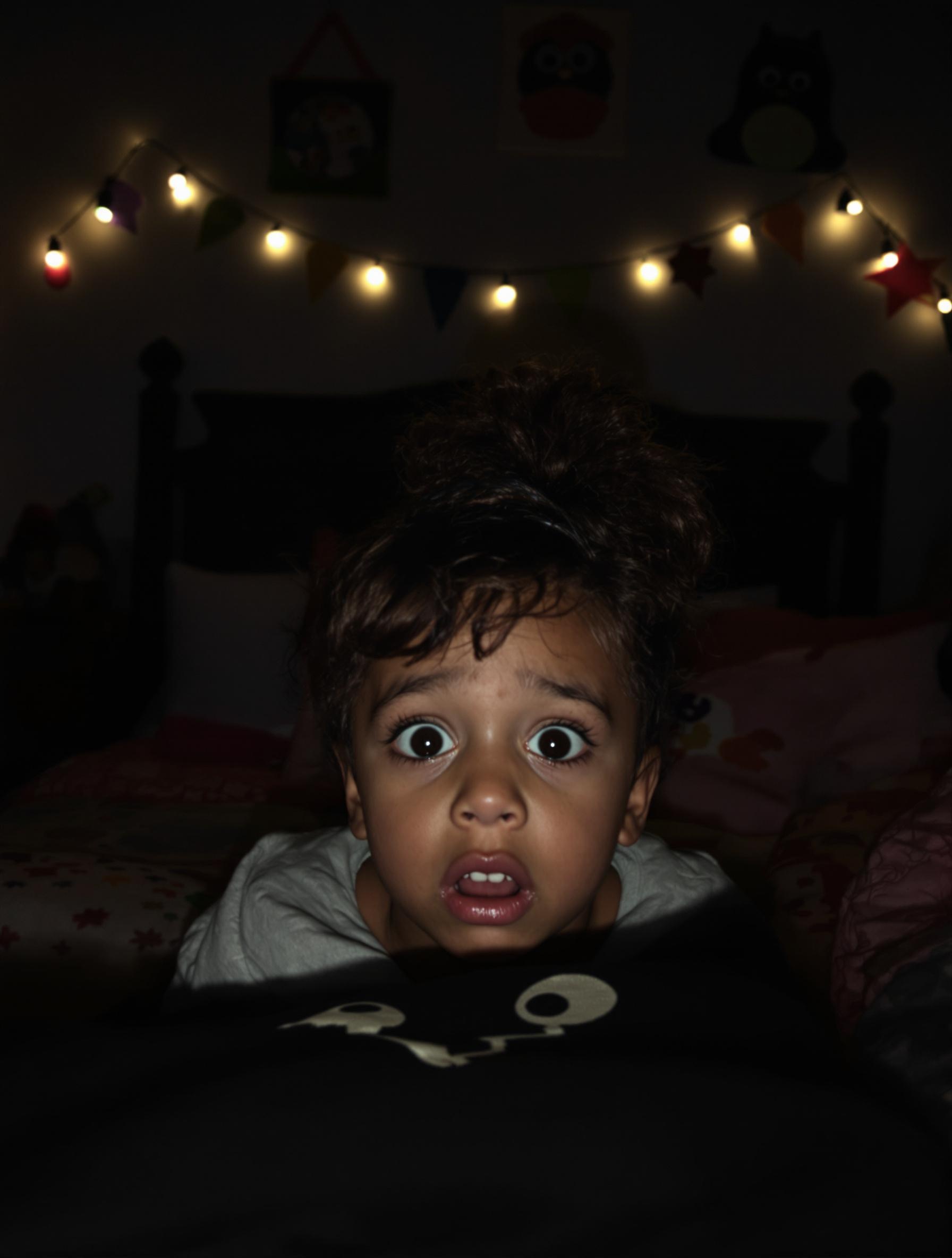 Un enfant éveillé dans son lit la nuit.