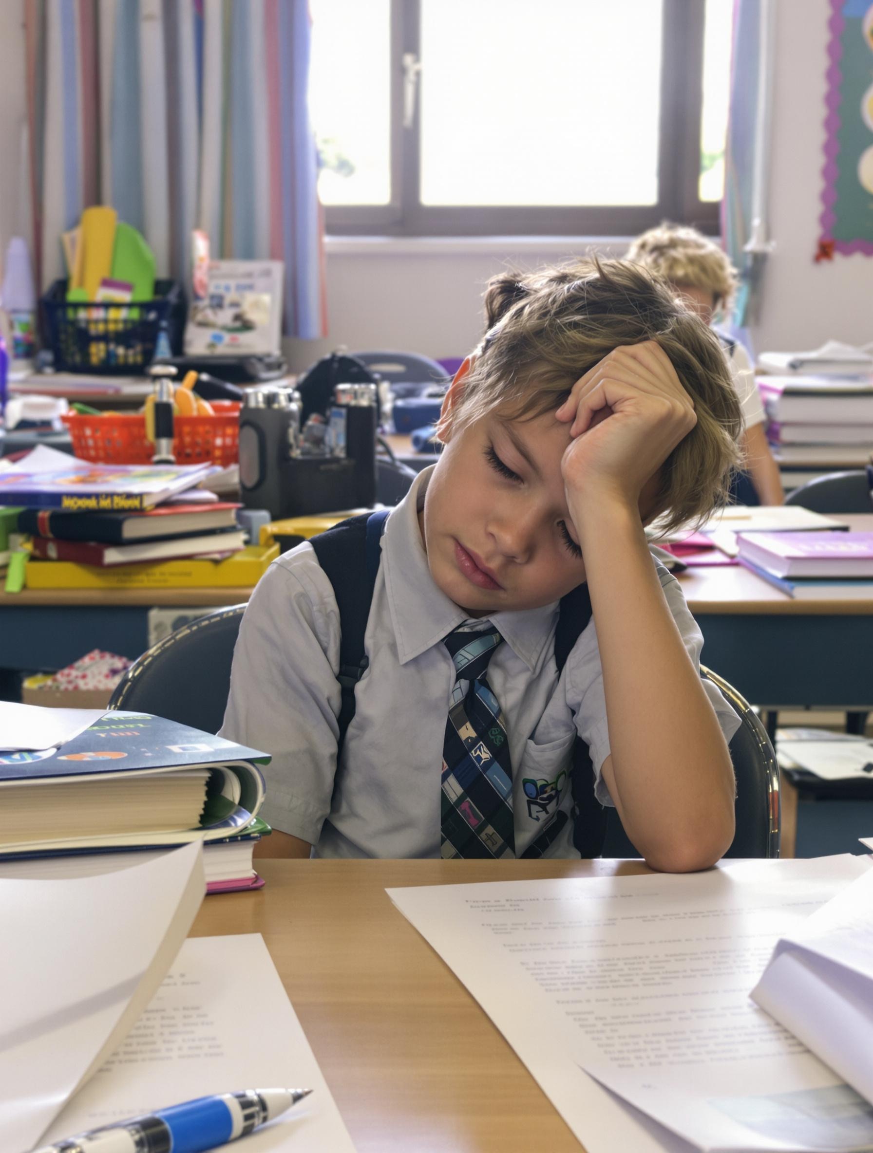 Un enfant fatigué sur son bureau scolaire.