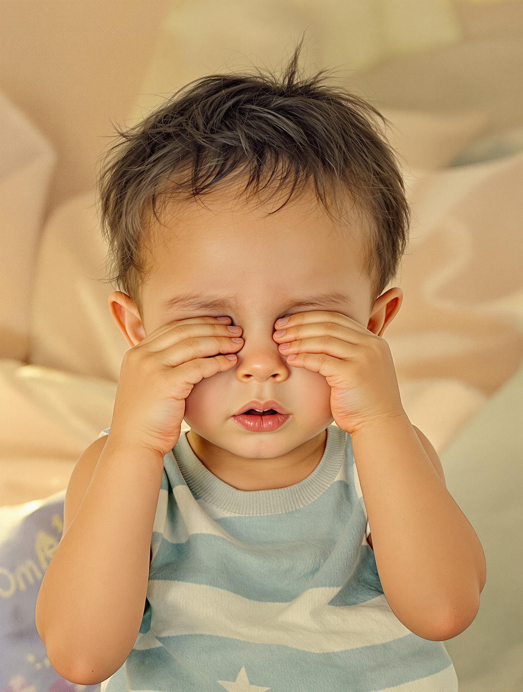 Un enfant montrant un signe physique typique de fatigue, comme le frottement des yeux.