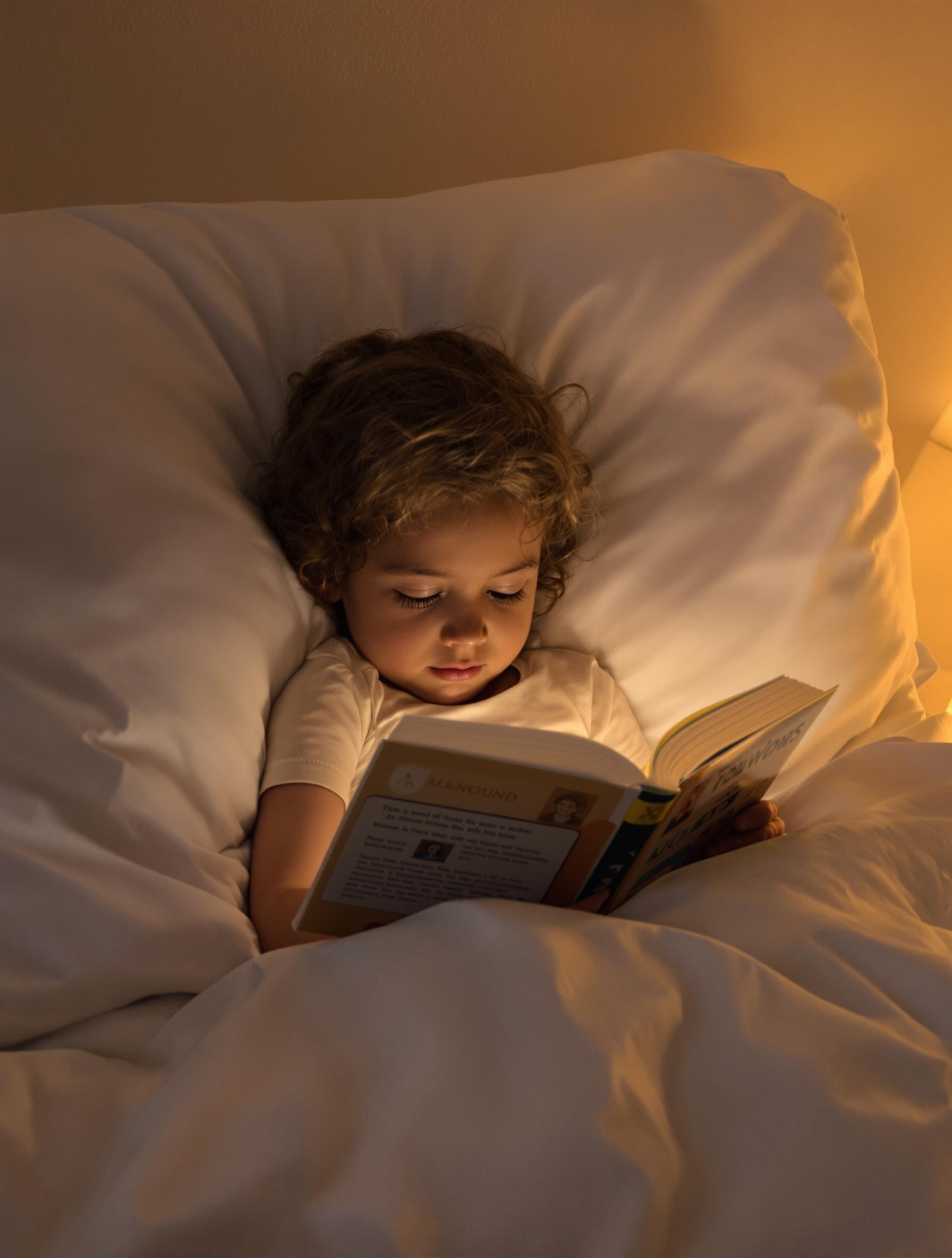 Un enfant lisant un livre au lit.