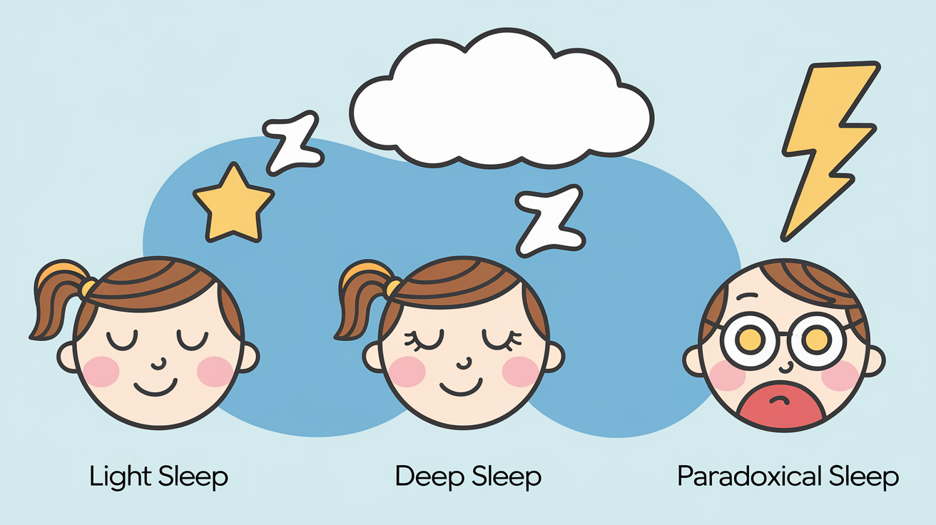 Illustration colorée des cycles de sommeil chez les enfants.