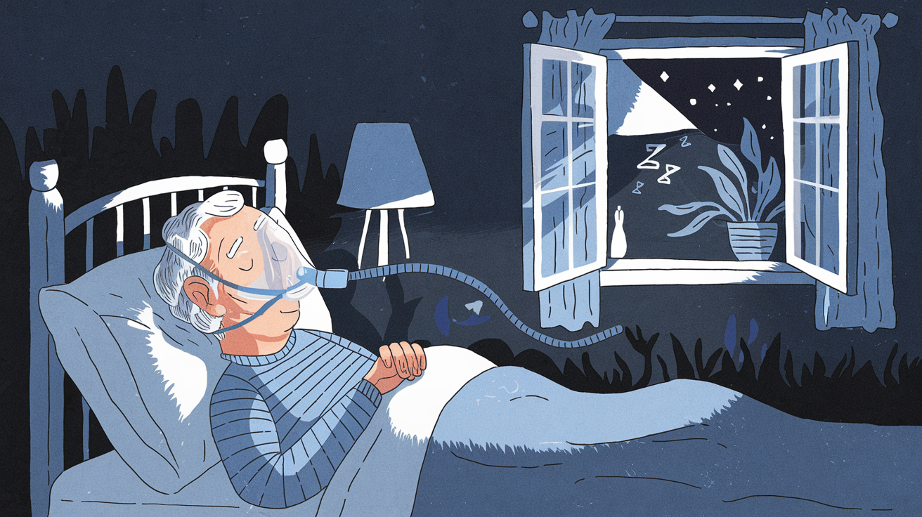 Une personne âgée portant un masque pour traiter l'apnée du sommeil.