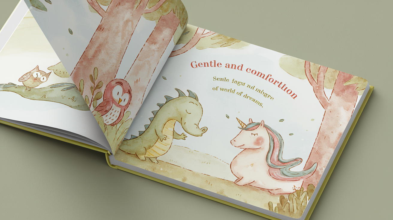 Un livre ouvert avec une illustration apaisante.