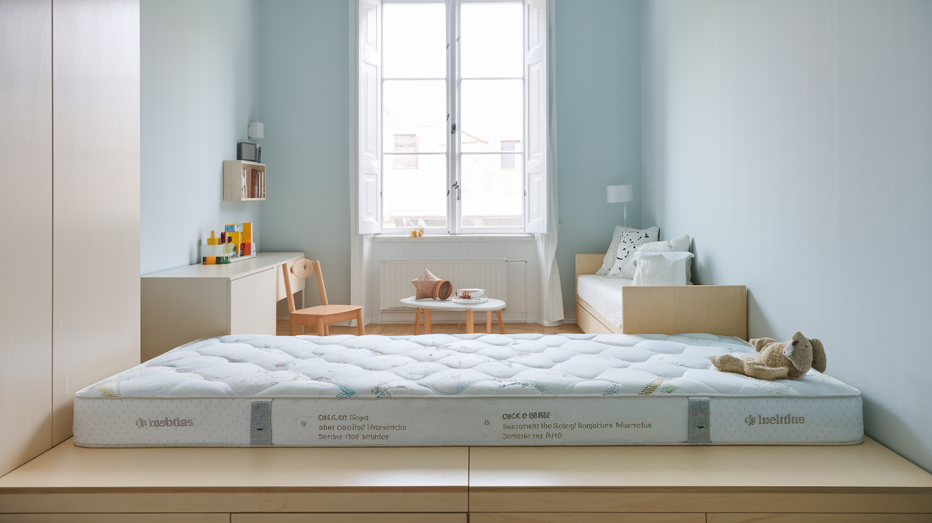 Matelas enfant avec caractéristiques visibles comme mousse Oeko-Tex.