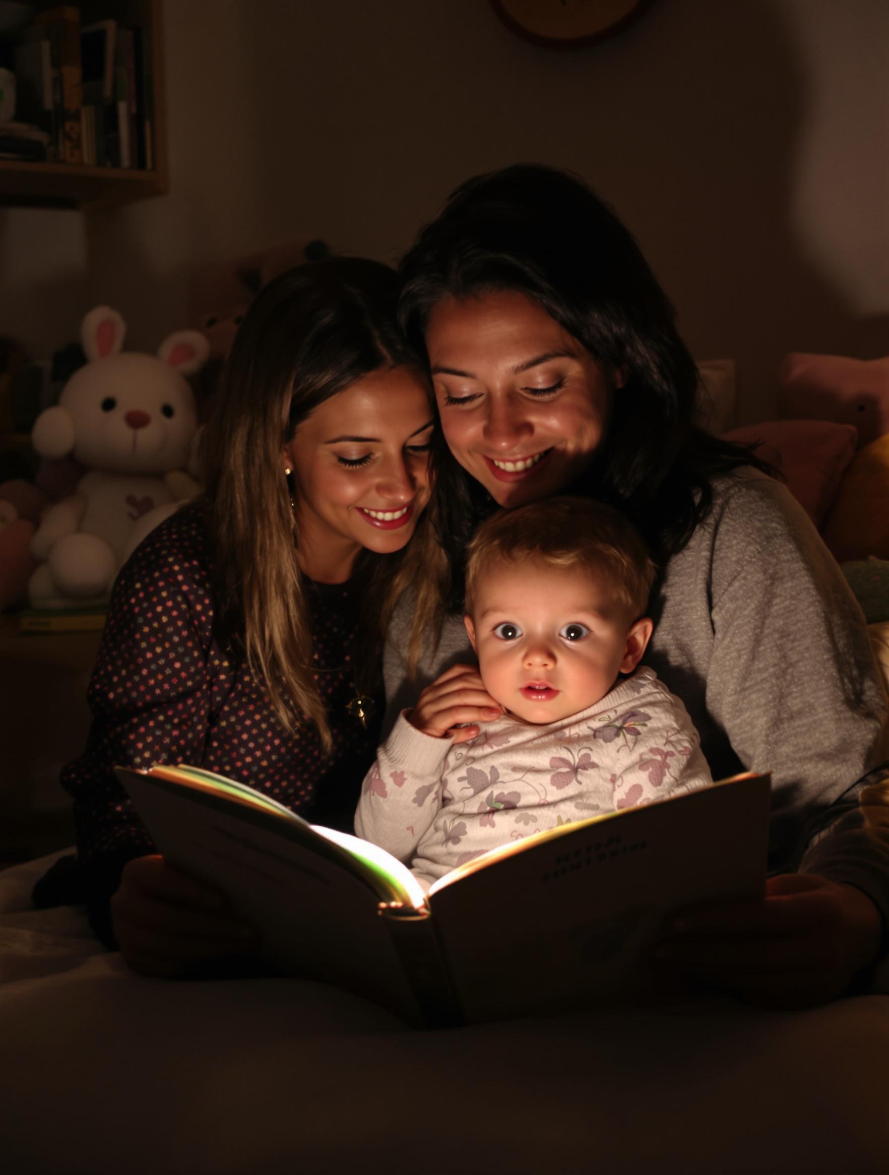 Un parent lisant une histoire à son enfant avant le coucher.