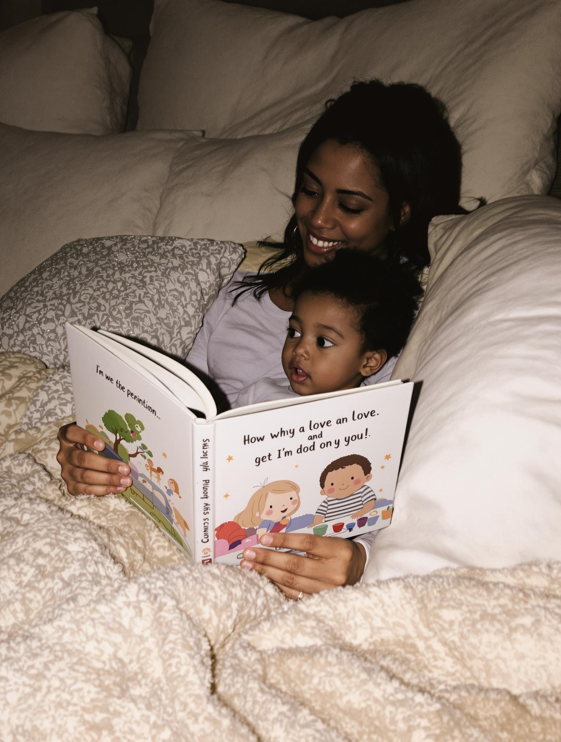 Un parent lisant une histoire à son enfant avant de dormir.