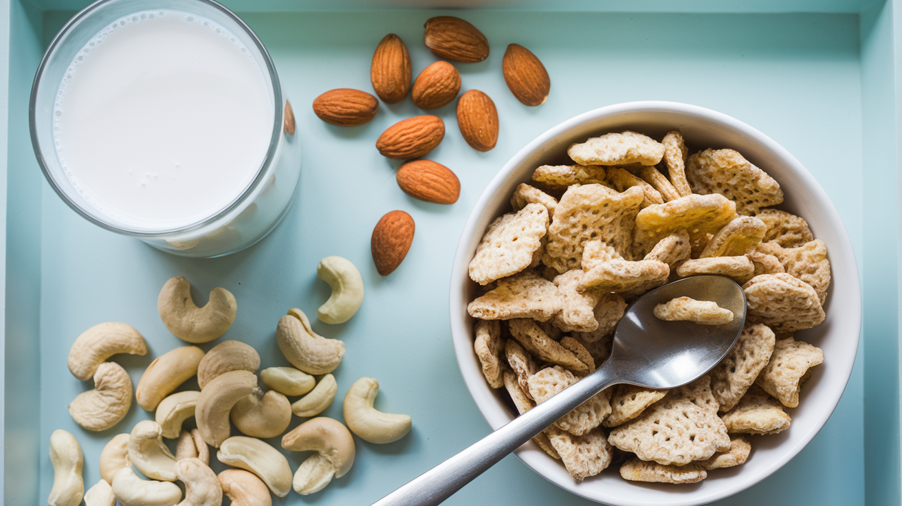 Un plateau avec du lait, des noix et des céréales complètes.