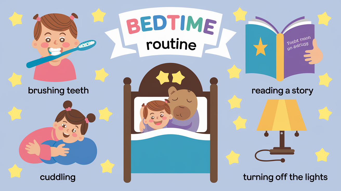 Tableau visuel représentant une routine du coucher pour enfants.