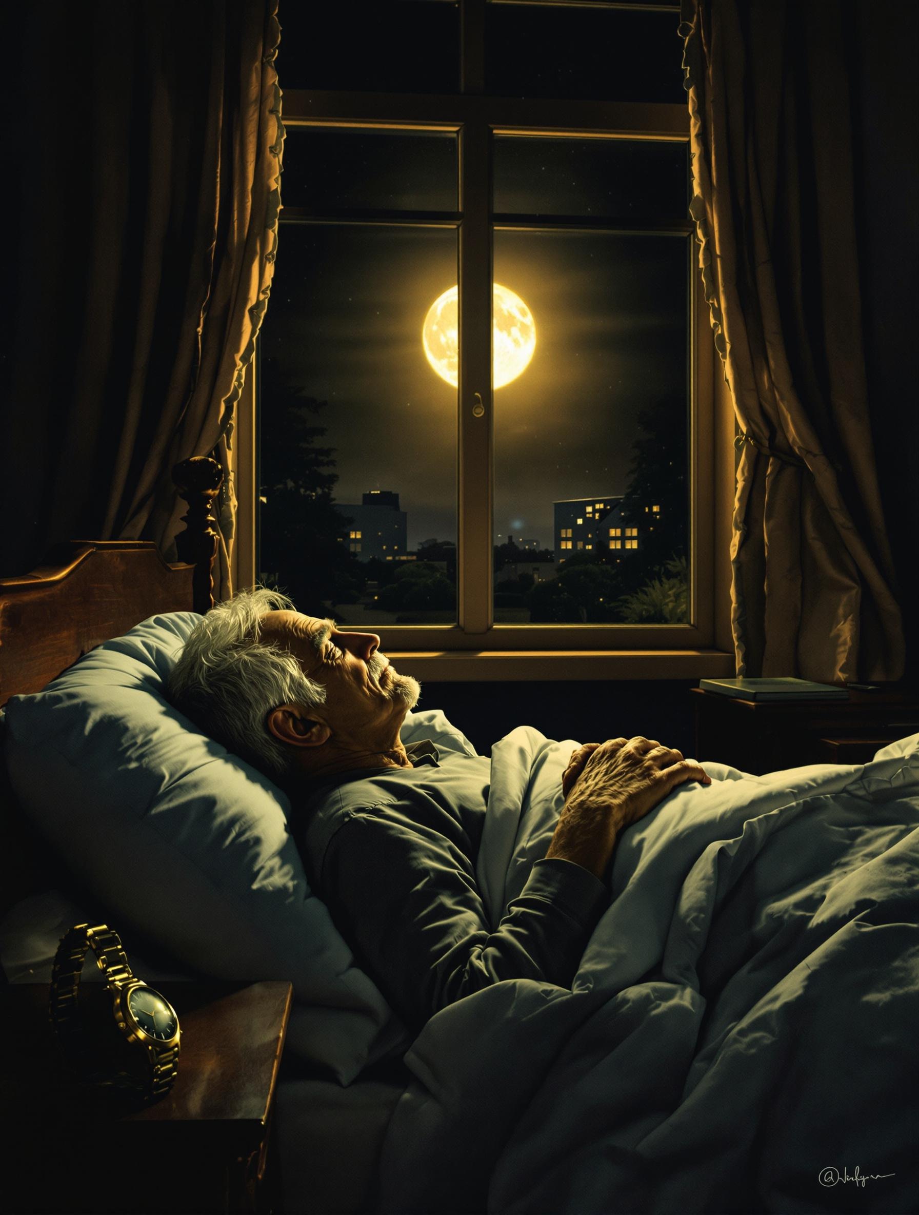 Un senior dans un lit regardant par la fenêtre.