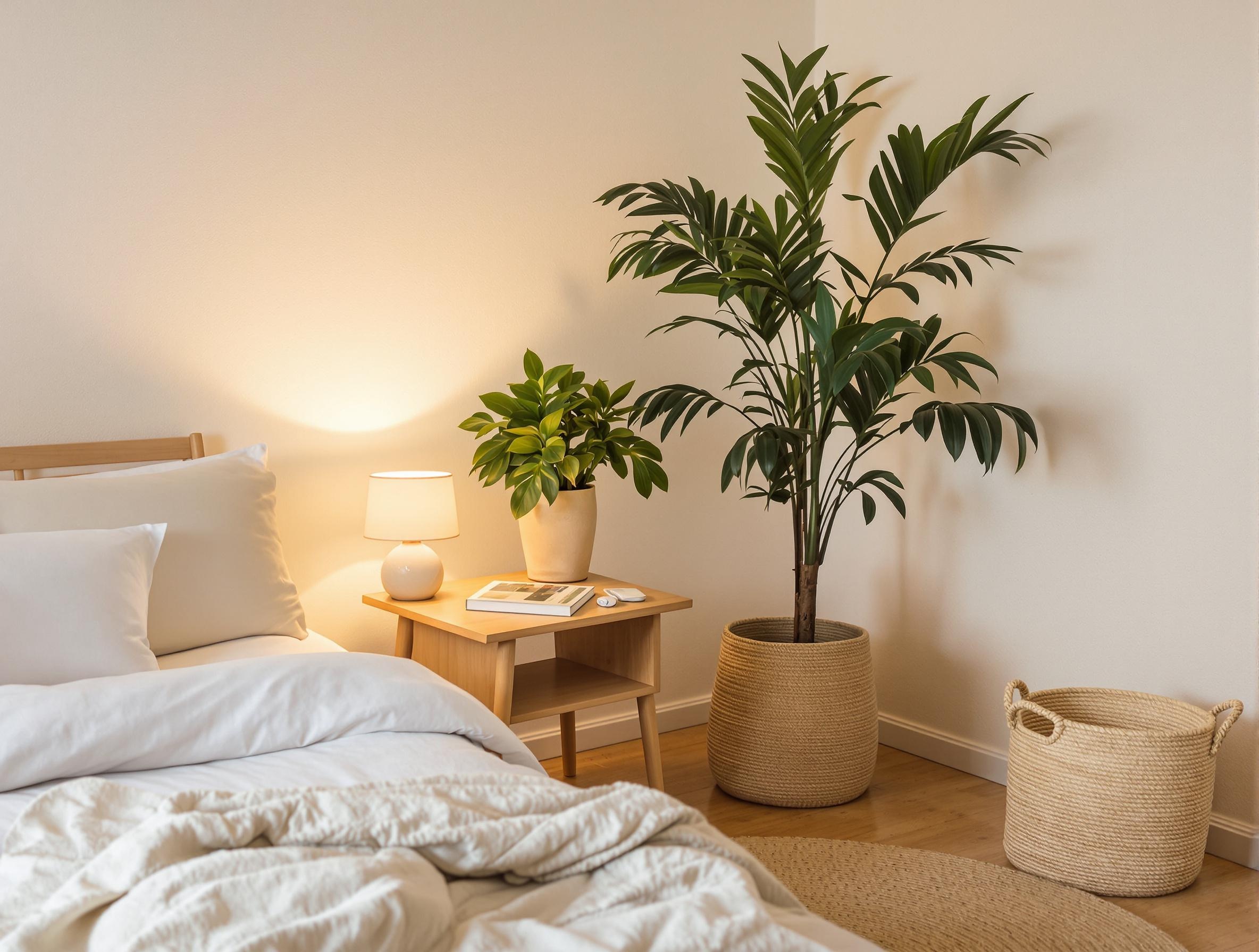 Coin de chambre apaisant avec éléments naturels et lumière tamisée