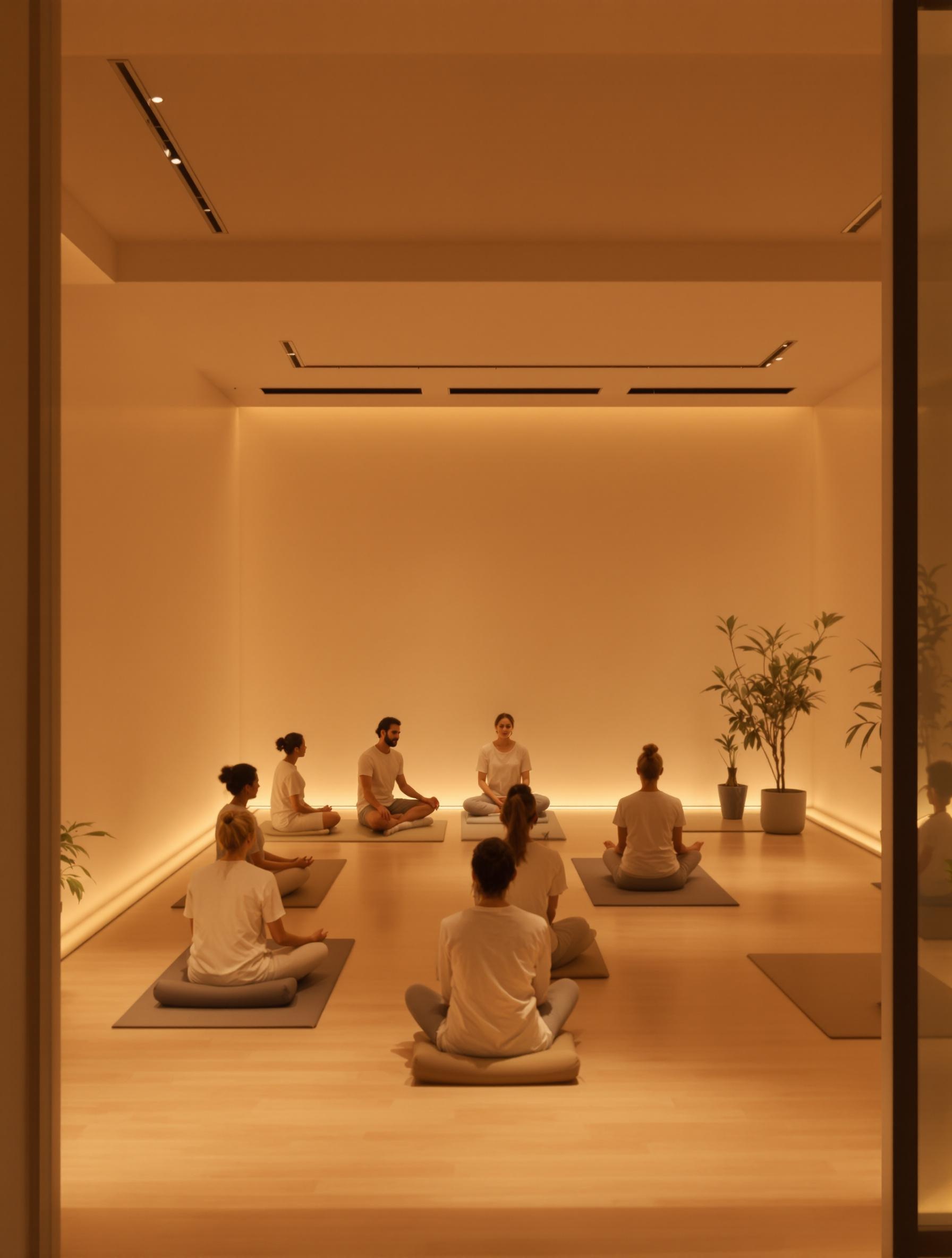 Groupe pratiquant une méditation guidée dans une ambiance sereine