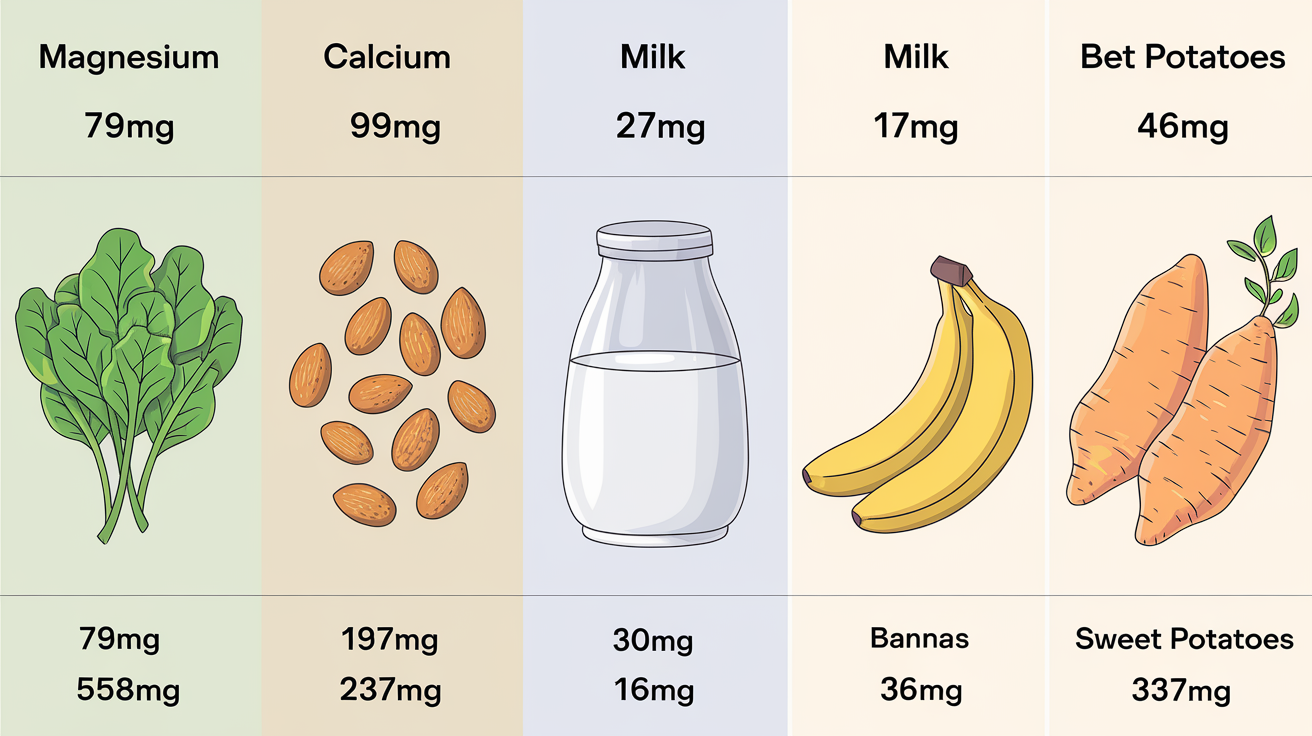 Tableau des aliments riches en magnésium, calcium et potassium.