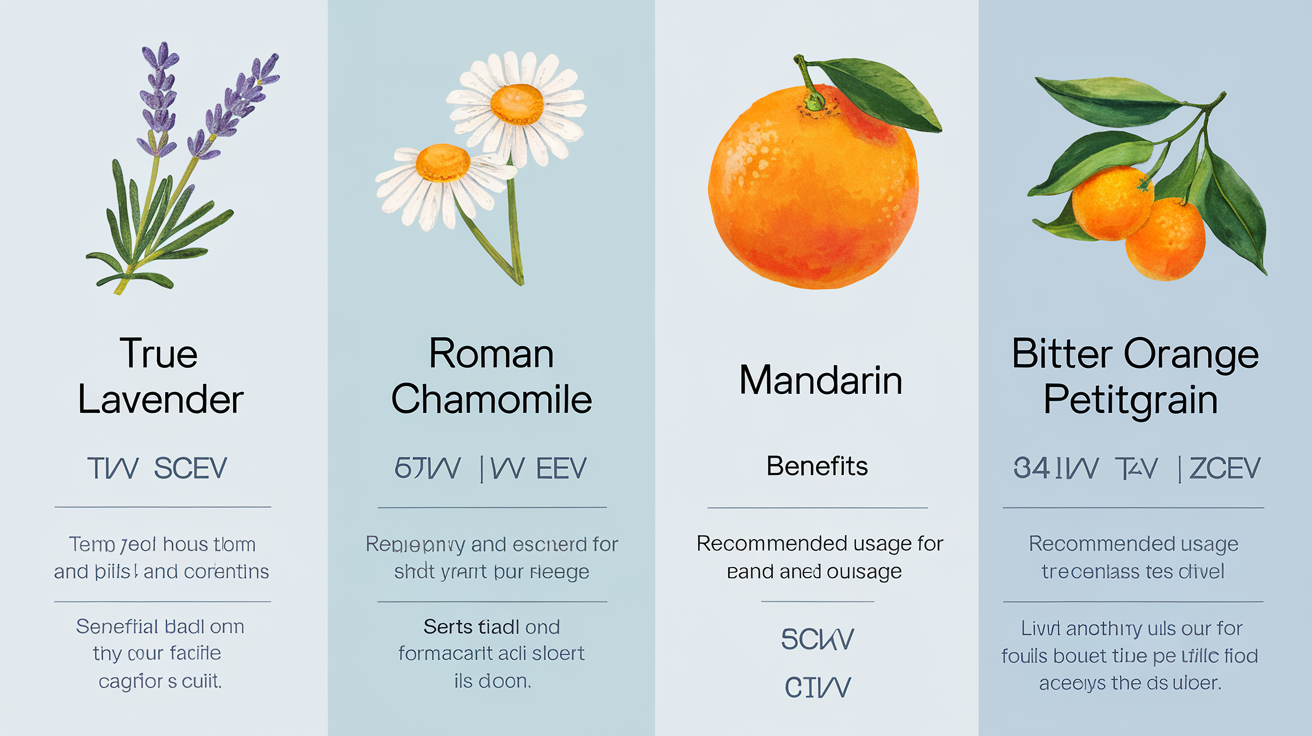 Tableau illustré des huiles essentielles adaptées aux enfants.